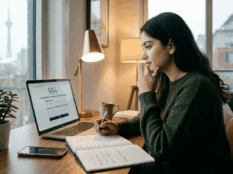 A young woman sitting at a desk in a Toronto apartment, thoughtfully reviewing a personal loan application on her laptop as she follows the 