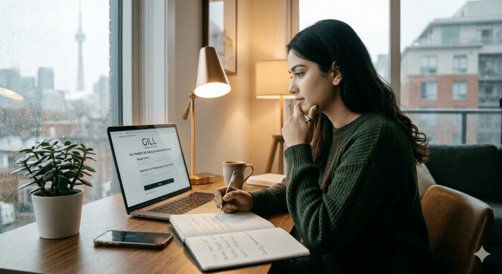 A young woman sitting at a desk in a Toronto apartment, thoughtfully reviewing a personal loan application on her laptop as she follows the "3 smart questions" to avoid hidden fees.