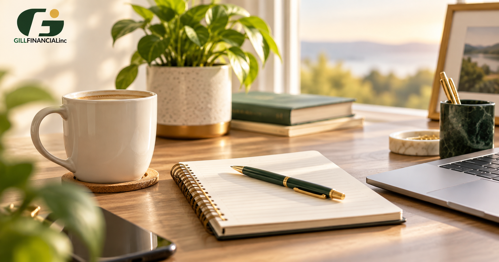 Gill Financial workspace with notebook, laptop and coffee for financial planning