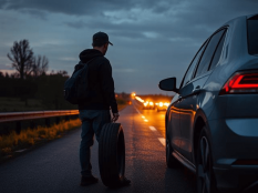 boy waiting on highway with flat tyre